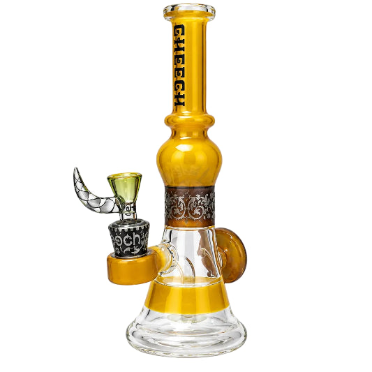 Glass smoking device with yellow and clear sections on a white background