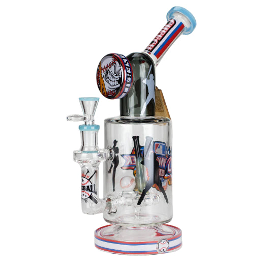 Glass smoking device with various stickers on a white background