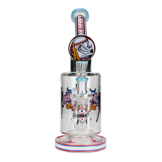Glass smoking accessory with colorful base and top design on a white background