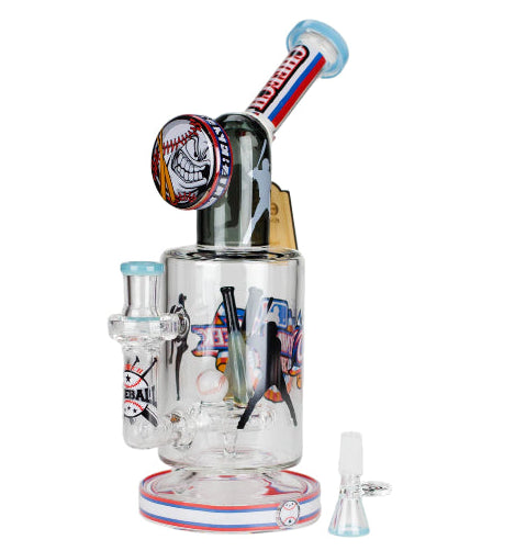 Glass smoking device with colorful design on a white background