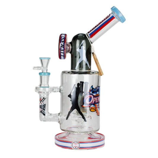 Glass water pipe with colorful design and branding on a white background