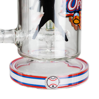 Clear glass product with red, white, and blue base featuring a baseball design.