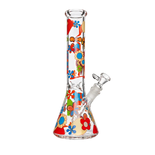 Glass bong with colorful floral patterns on a white background