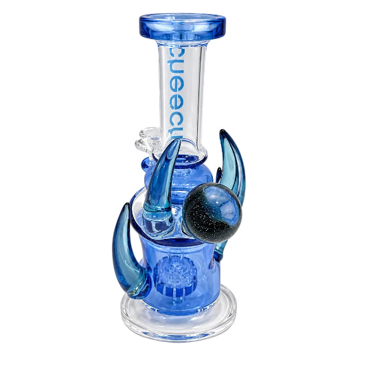Blue and clear glass water pipe on a white background