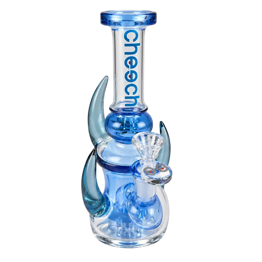 Blue and clear glass smoking device with 'Cheech' branding on a white background