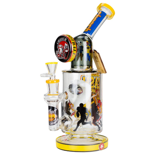 Glass smoking device with colorful labels and a yellow base on a white background