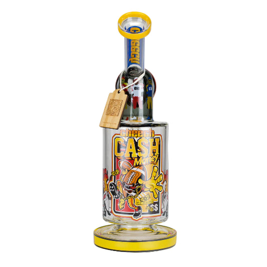 Decorative glass BONG with colorful design and text on a gray background