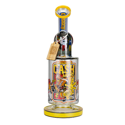 Decorative glass BONG with colorful design and text on a gray background