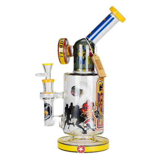 Glass smoking device with colorful design on a white background