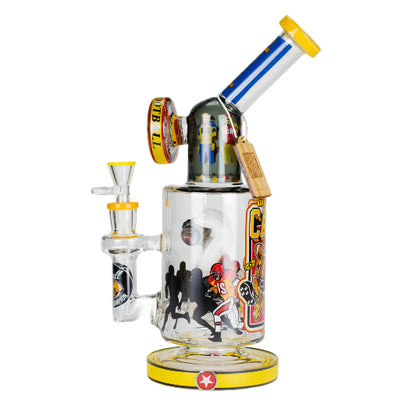 Glass smoking device with colorful design on a white background