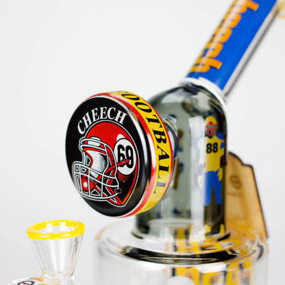 Close-up of a sports-themed product with 'Cheech' branding and a football helmet design.