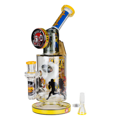 Glass smoking device with colorful design and text on a white background