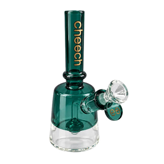 Green glass smoking device with 'Cheech' branding on a white background