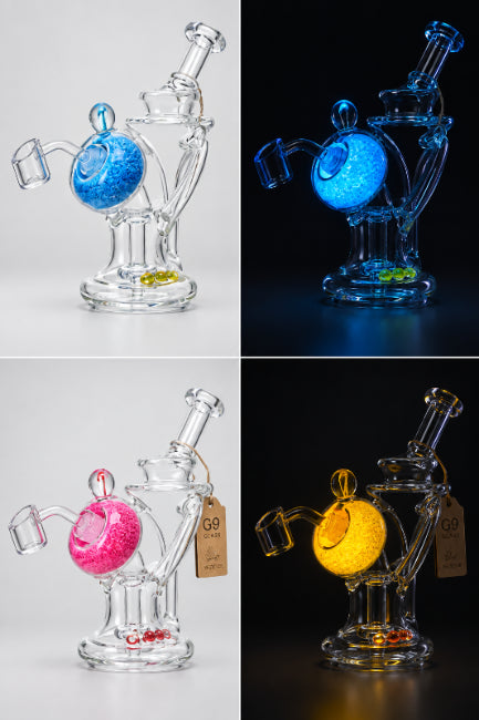 Glass smoking device with colorful interior, glowing in dark, and close-up of pink interior.