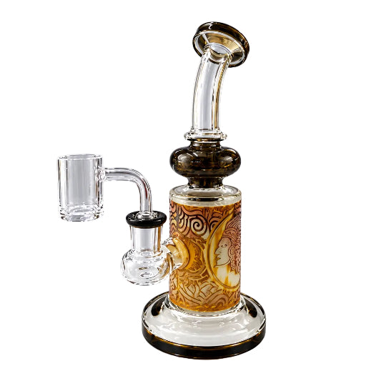 Glass smoking device with decorative patterns on a white background