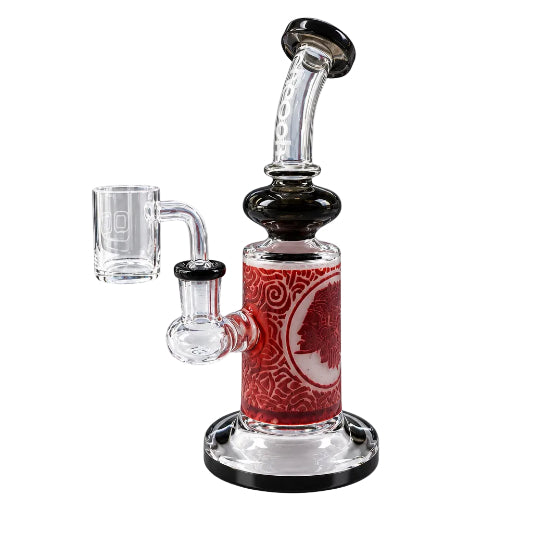 Glass smoking device with red and black design on a white background