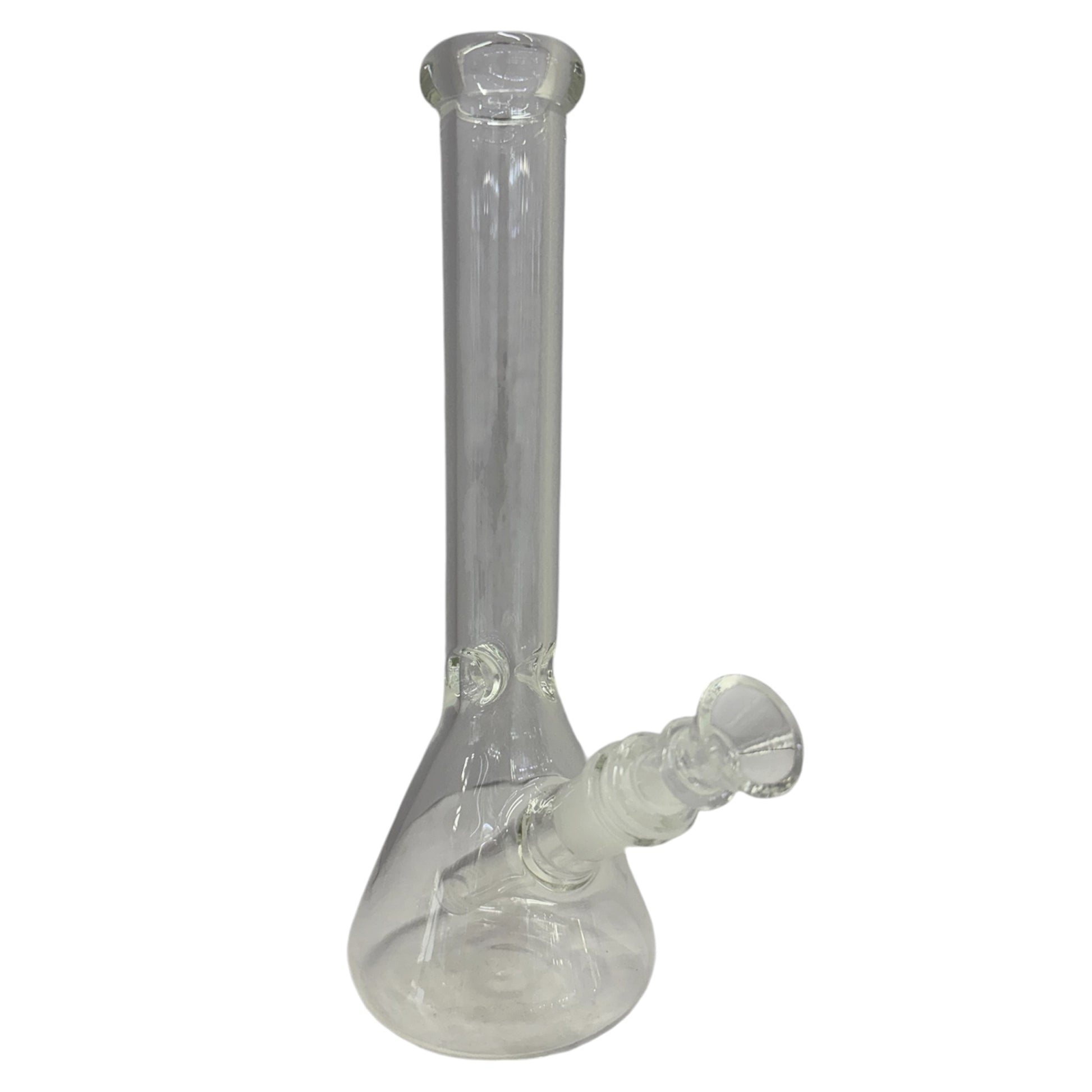 Clear glass beaker bong with a long straight neck, angled downstem joint, and removable bowl piece- The Wee Smoke Shop