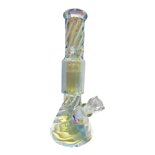 Glass water pipe with multicolored design on a white background