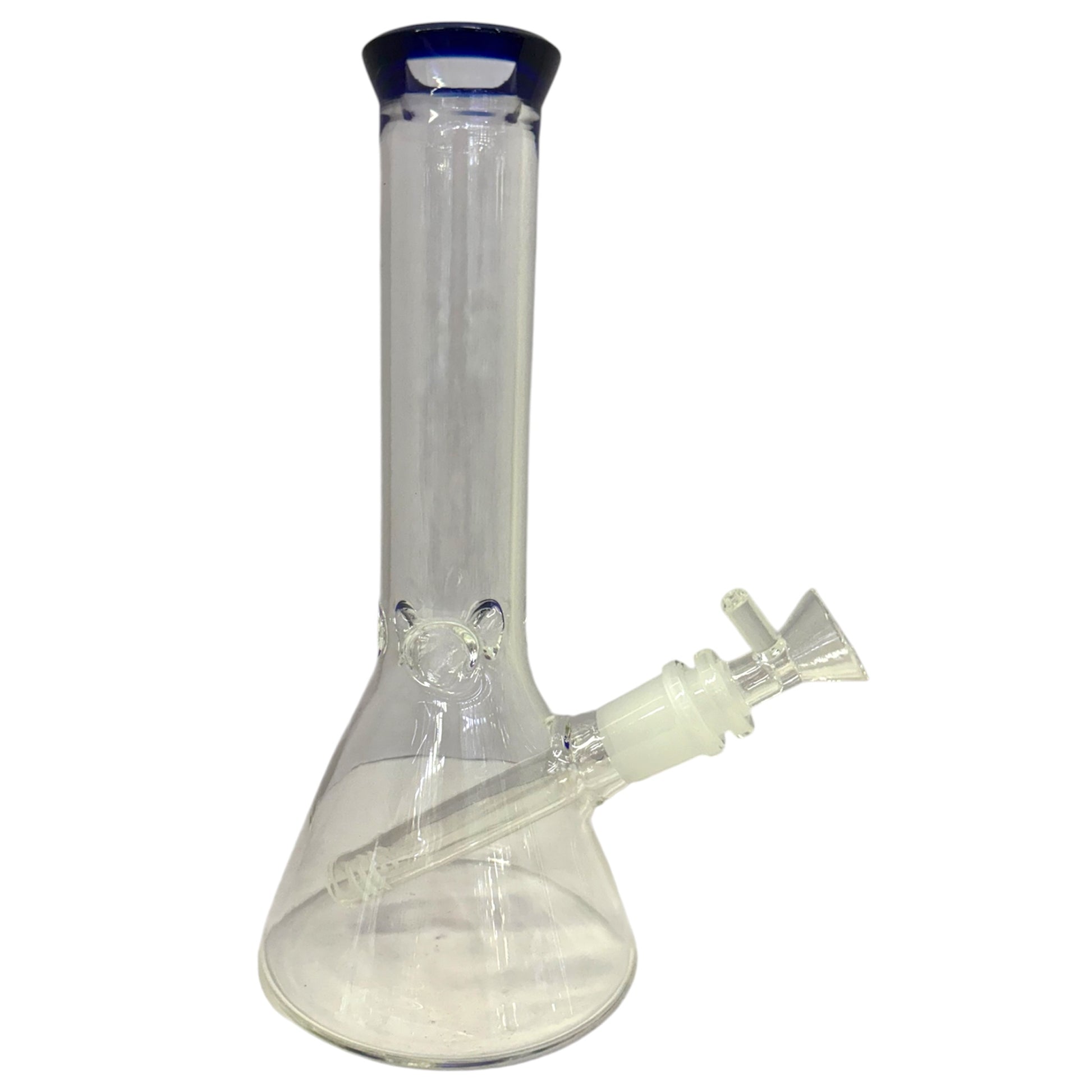 clear glass beaker bong with blue rim, water bong with angled downstem and bowl piece, smoking accessory - The Wee Smoke Shop
