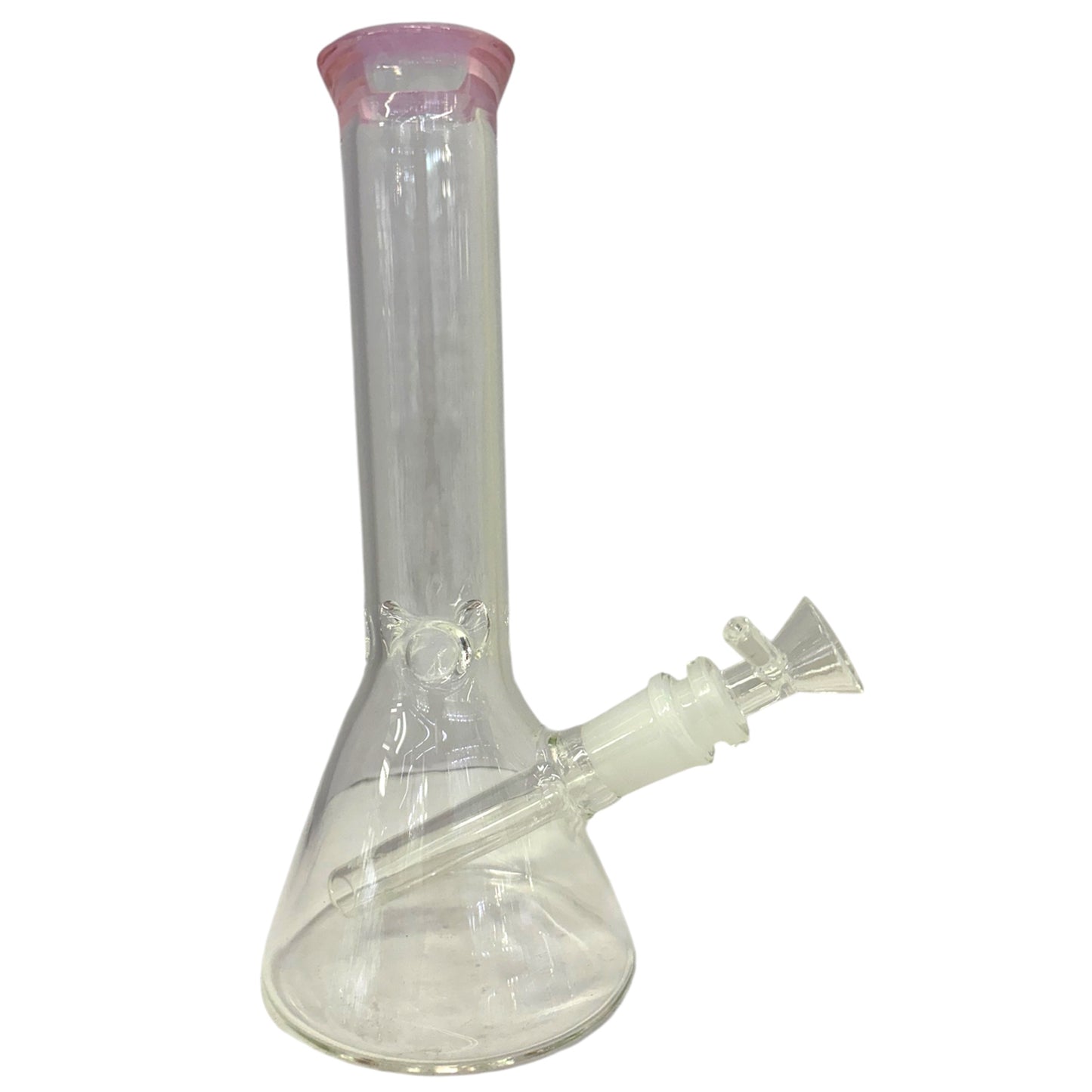 clear glass beaker bong with pink rim, water bong with angled downstem and bowl piece, smoking accessory - The Wee Smoke Shop