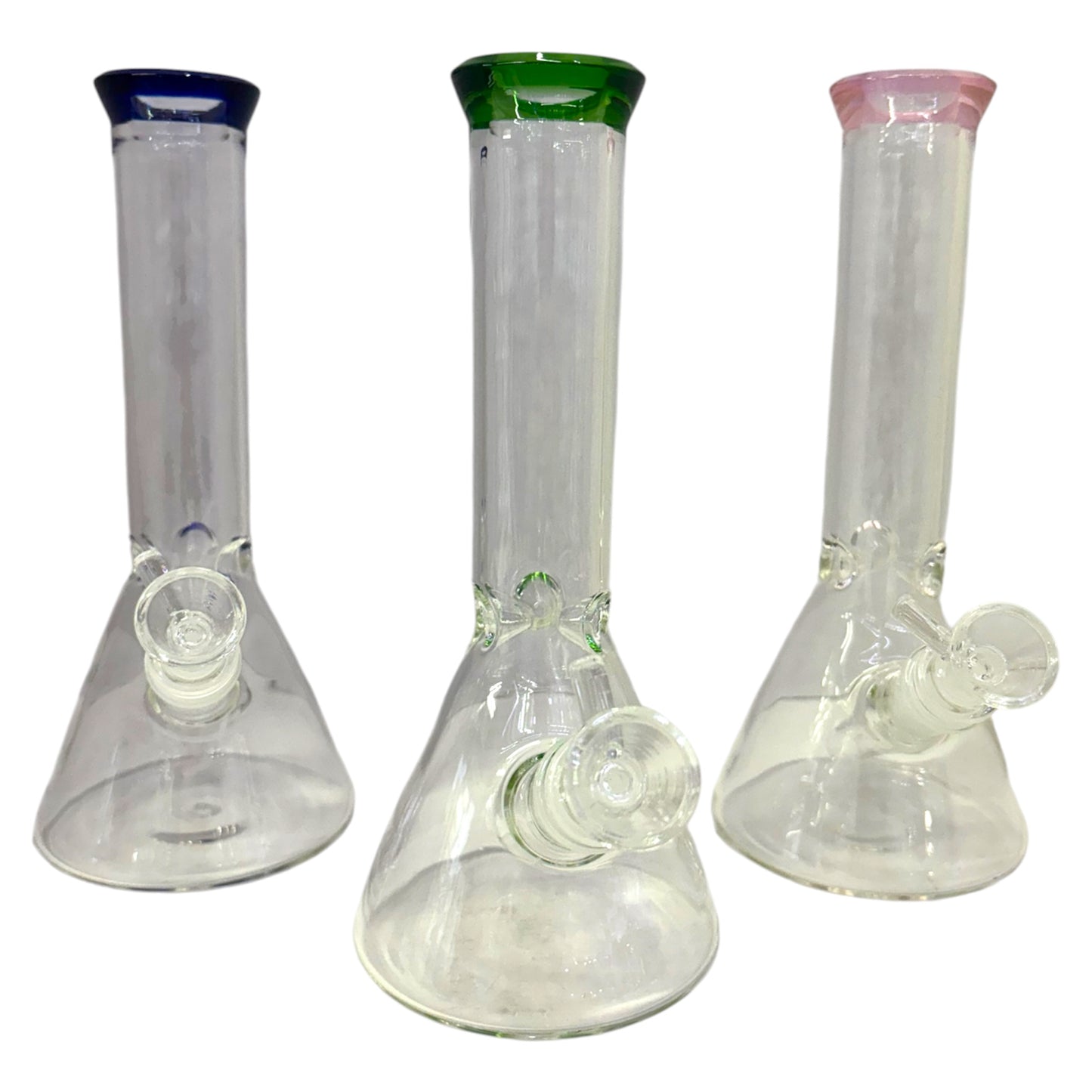 clear glass beaker bongs with colored rims blue green and pink, water bongs with angled downstems and bowl pieces, smoking accessories - The Wee Smoke Shop