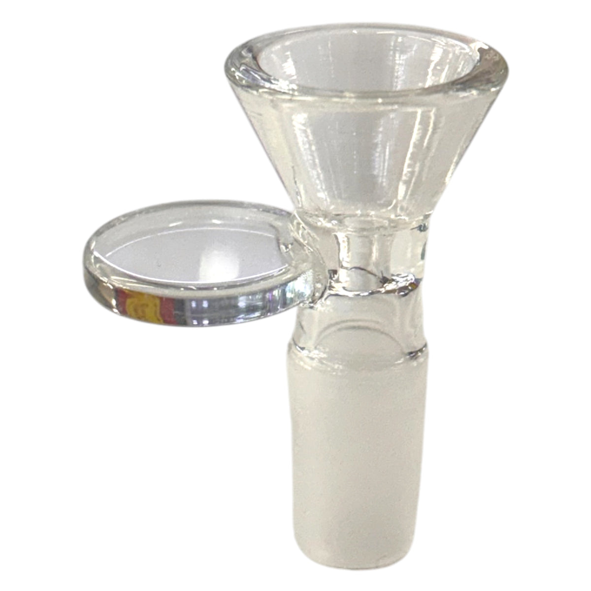 Clear 14mm glass bowl piece with a frosted male joint, funnel-shaped bowl, and flat clear side handle. - The Wee Smoke Shop