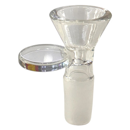 Clear 14mm glass bowl piece with a frosted male joint, funnel-shaped bowl, and flat clear side handle. - The Wee Smoke Shop