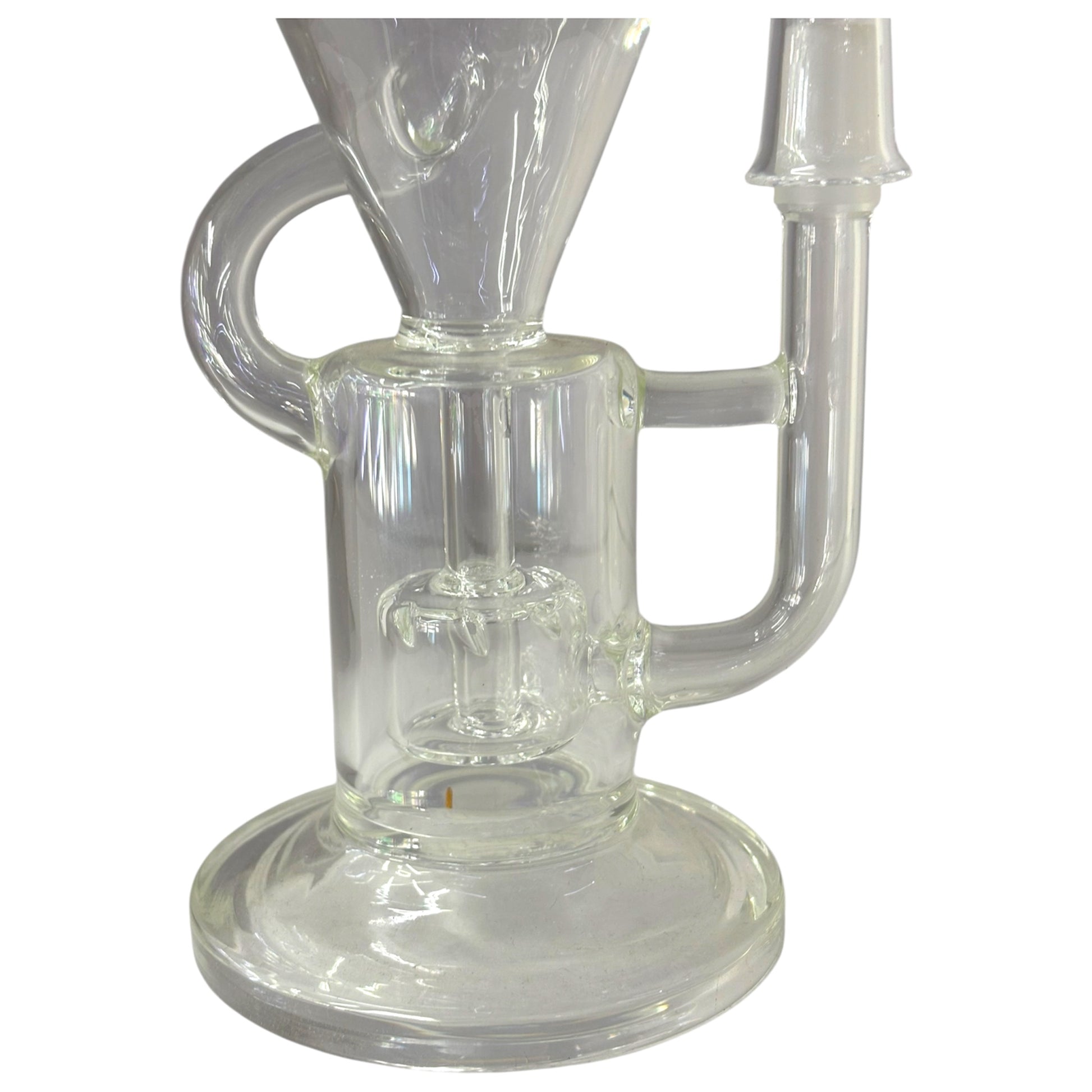 Close-up of clear dab rig base with built-in perc and curved glass tubing. - The Wee Smoke Shop