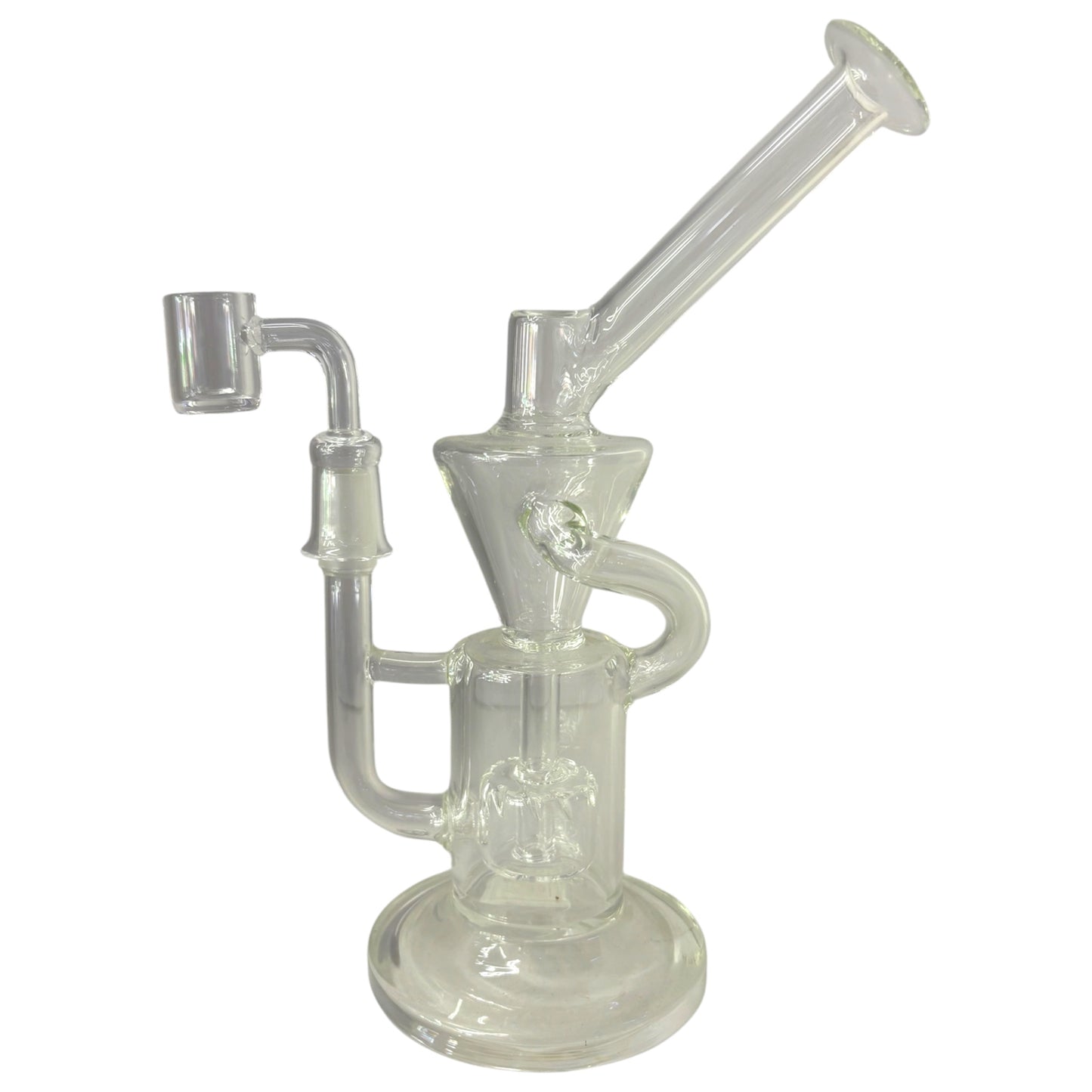 Clear glass dab rig with quartz banger, recycler-style arm, cone chamber, and round base. - The Wee Smoke Shop