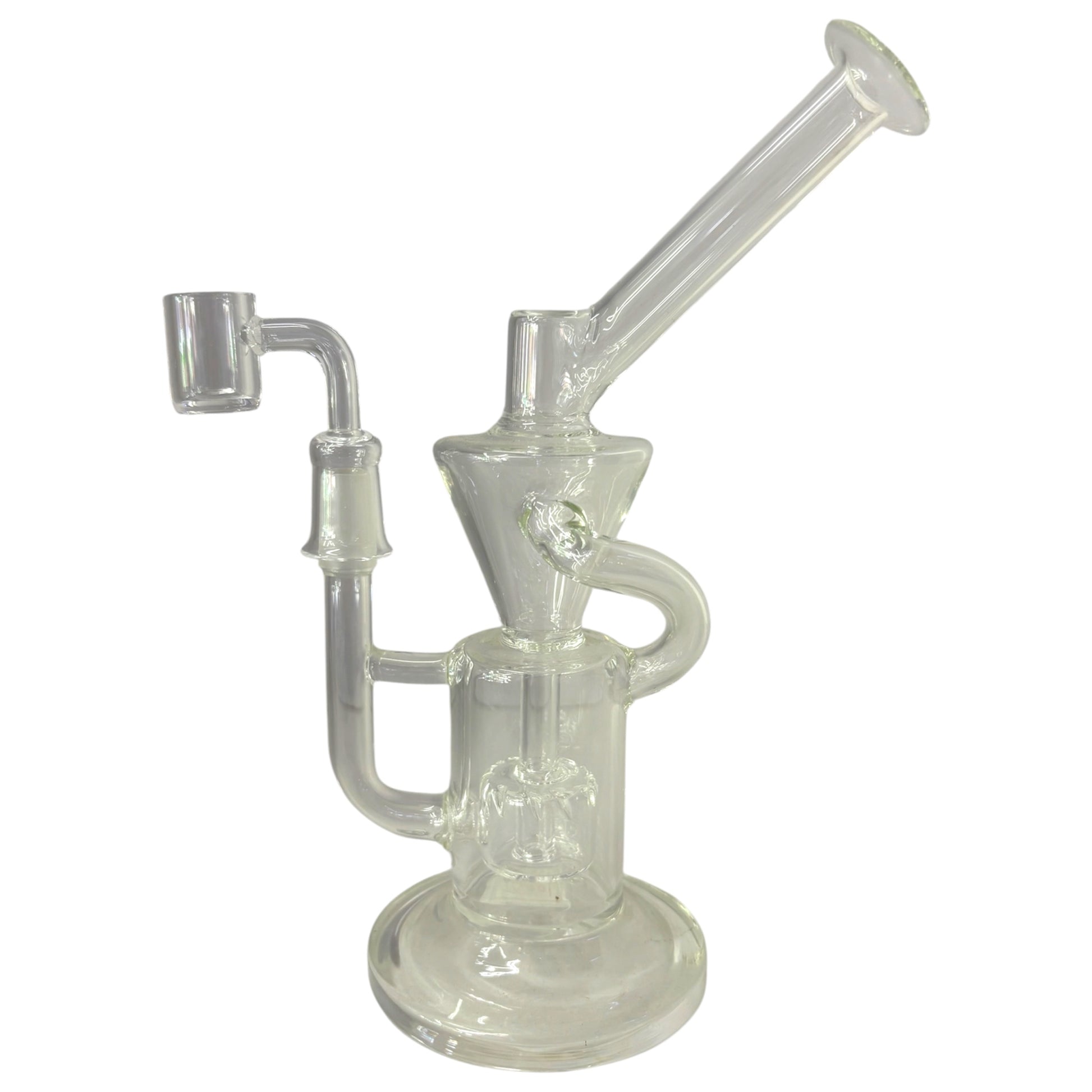 Clear glass dab rig with quartz banger, recycler-style arm, cone chamber, and round base. - The Wee Smoke Shop