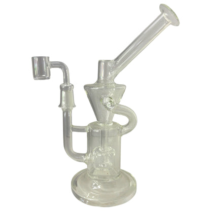 Clear glass dab rig with quartz banger, recycler-style arm, cone chamber, and round base. - The Wee Smoke Shop