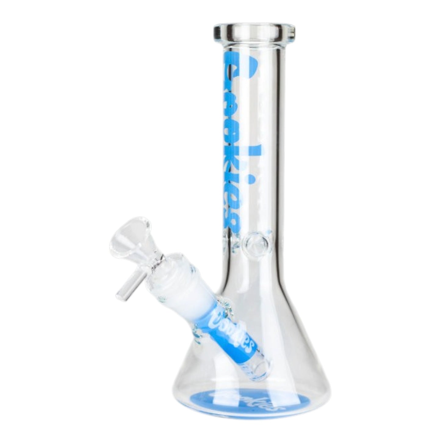 Clear 7.5 inch CK Cookies graphic beaker bong with blue vertical lettering, blue base accent, angled glass bowl, and removable downstem on a white background. - The Wee Smoke Shop
