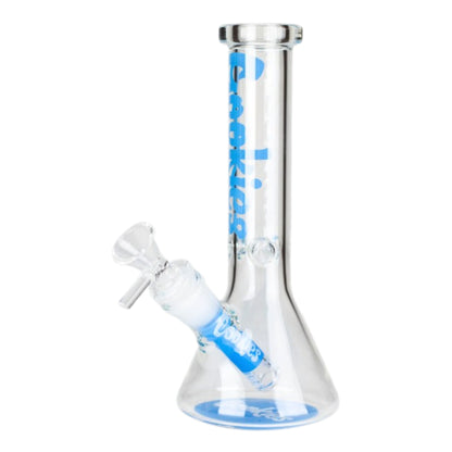 Clear 7.5 inch CK Cookies graphic beaker bong with blue vertical lettering, blue base accent, angled glass bowl, and removable downstem on a white background. - The Wee Smoke Shop