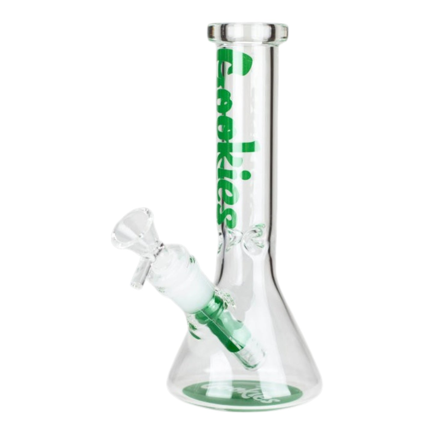 A clear glass water pipe with a green printed 'Cookies' logo on the neck and a green glass downstem, shown on a plain white background. - The Wee Smoke Shop