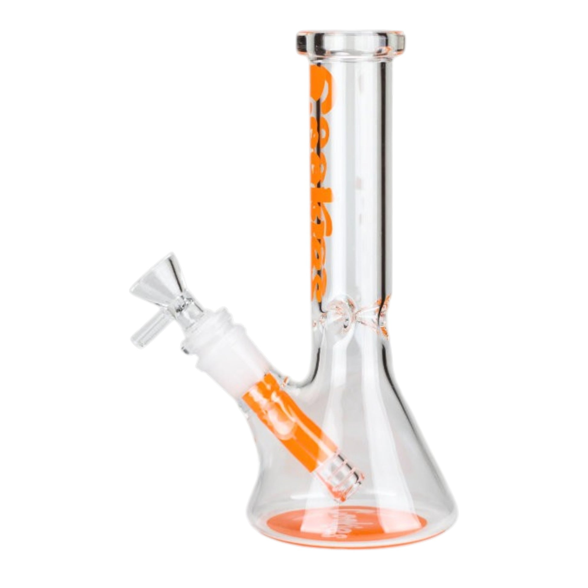 Clear 7.5 inch Cookies graphic beaker bong with orange vertical lettering, orange base accent, angled bowl, and removable downstem on a white background.- The Wee Smoke Shop