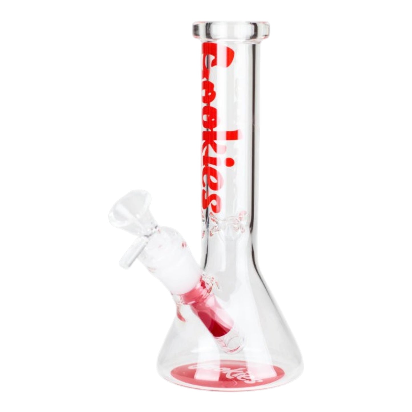 A clear glass water pipe with red accents and red vertical 'COOKIES' branding, shown on a plain white background. The Wee Smoke Shop