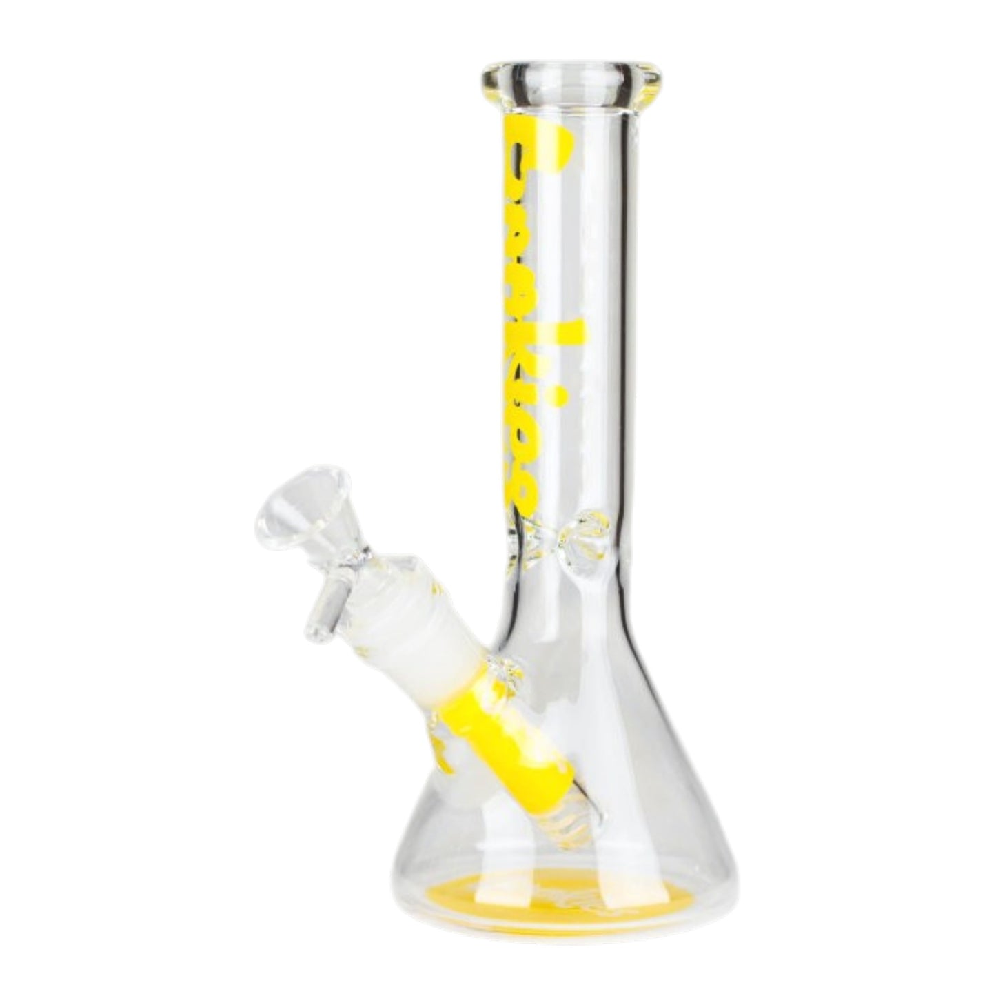 Clear 7.5 inch Cookies graphic beaker bong with yellow vertical lettering, yellow base accent, angled glass bowl, and removable downstem on a white background. - The Wee Smoke Shop