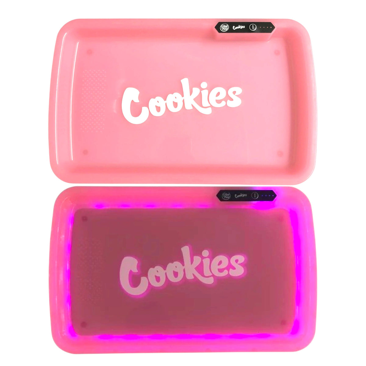 Two pink Cookies rechargeable LED rolling trays shown from above on a white background. The top tray has its lights off, while the bottom tray glows bright pink and purple around the edges. Both feature a large white Cookies logo in the centre, raised edges, and a black power control panel along the upper rim.