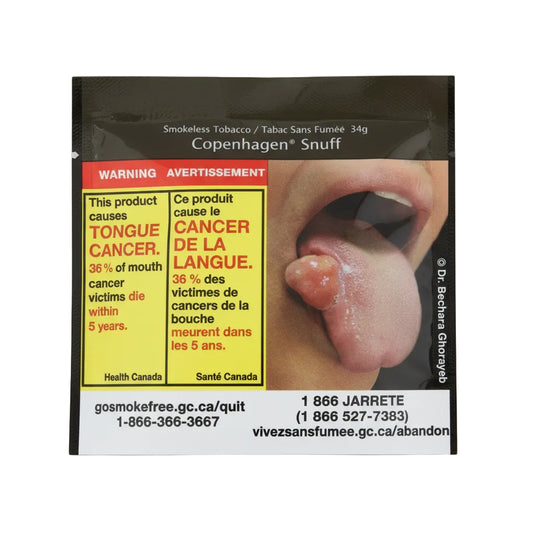 A novelty smoking tobacco packet labeled 'Copenhagen Snuff' with a large yellow warning panel, a photo of a tongue, and contact information printed on the front.