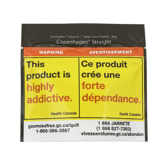 A single Copenhagen Straight packet with prominent health warning text in English and French on a bright yellow background, with a dark brown top section.