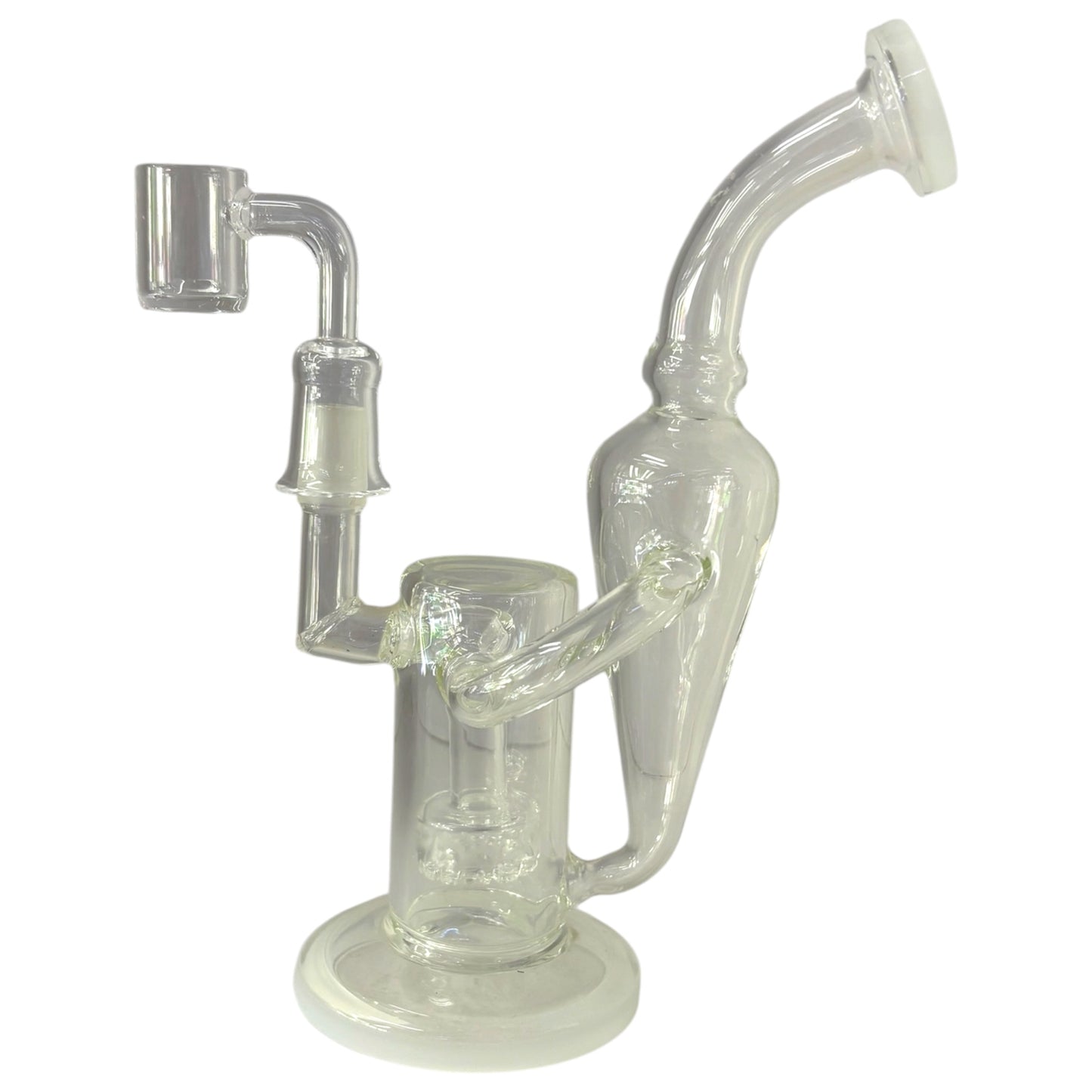 Clear glass recycler dab rig with quartz banger, curved side chamber, and round base. - The Wee Smoke Shop