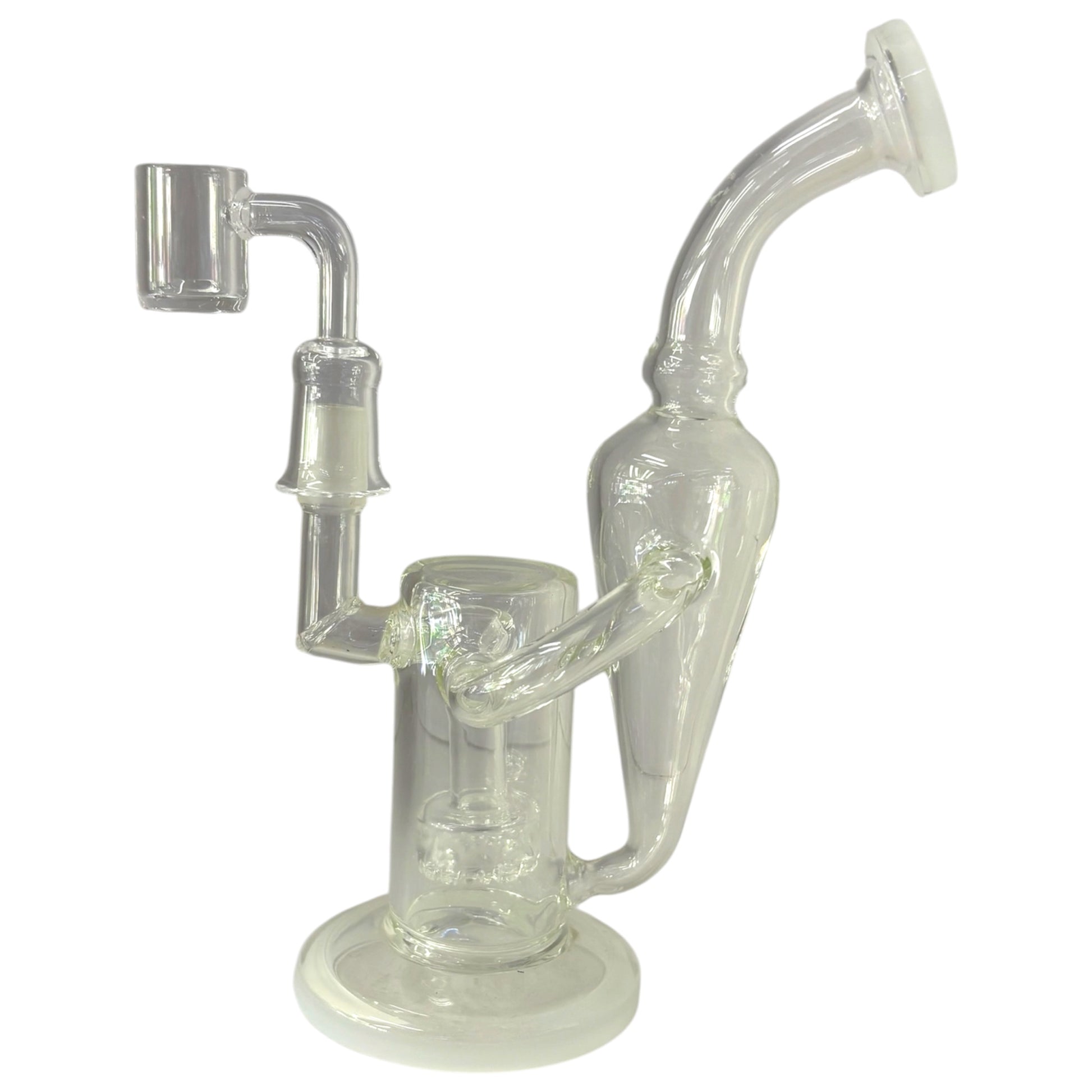 Clear glass recycler dab rig with quartz banger, curved side chamber, and round base. - The Wee Smoke Shop