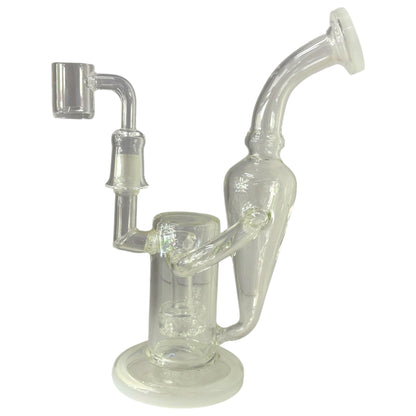 Clear glass recycler dab rig with quartz banger, curved side chamber, and round base. - The Wee Smoke Shop