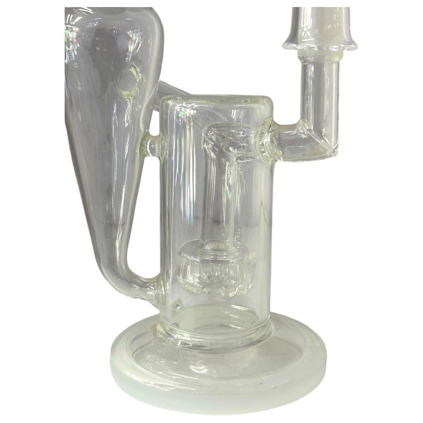 Close-up of clear recycler dab rig with built-in perc, side chamber, and glass tubing. - The Wee Smoke Shop