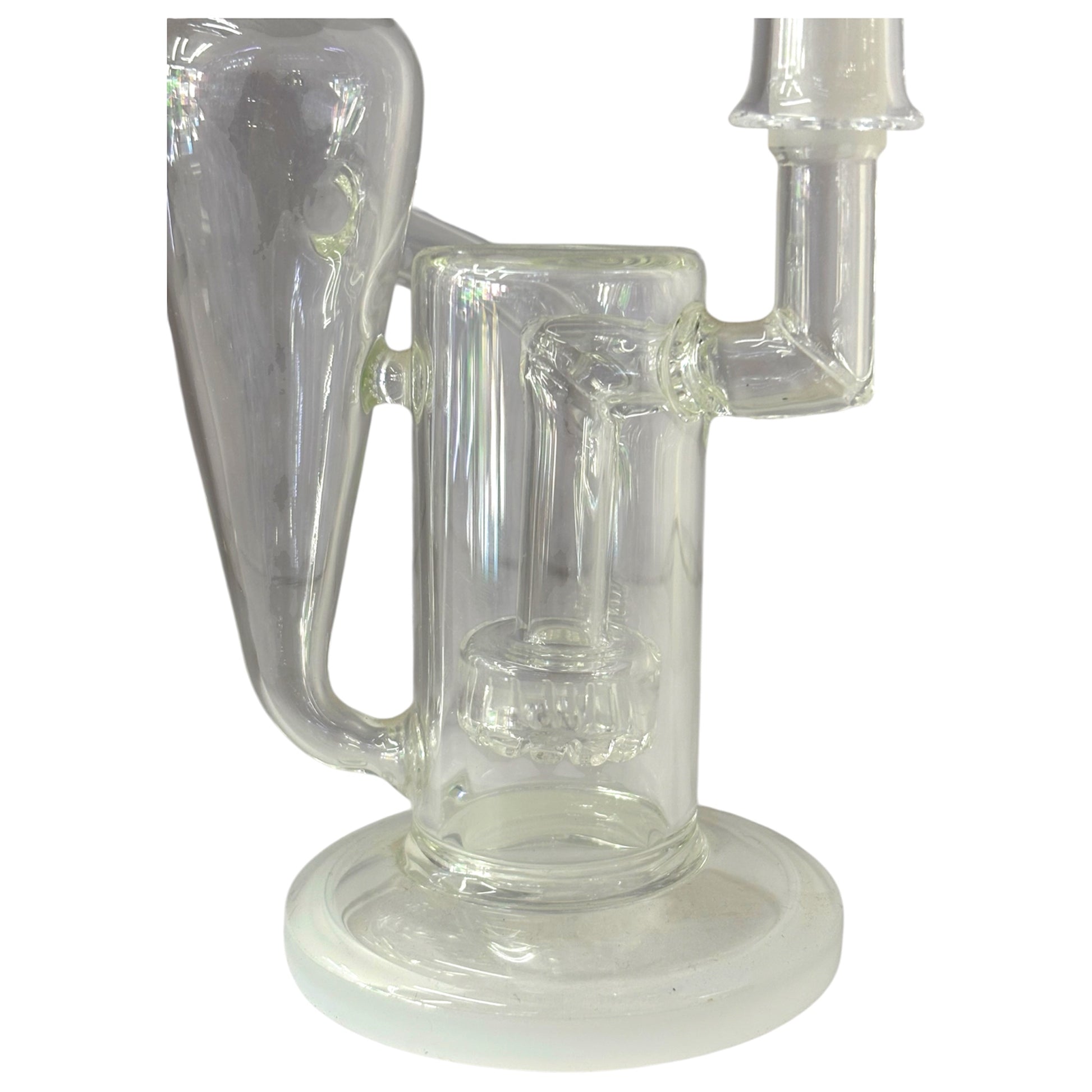 Close-up of clear recycler dab rig with built-in perc, side chamber, and glass tubing. - The Wee Smoke Shop