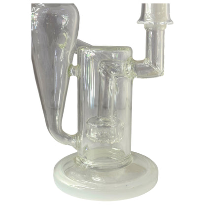 Close-up of clear recycler dab rig with built-in perc, side chamber, and glass tubing. - The Wee Smoke Shop