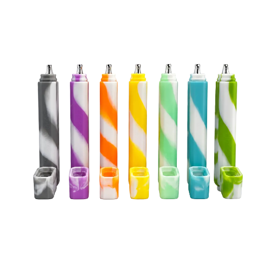 A collection of silicone dab straw kits in various colors with a stainless steel dabber tool.