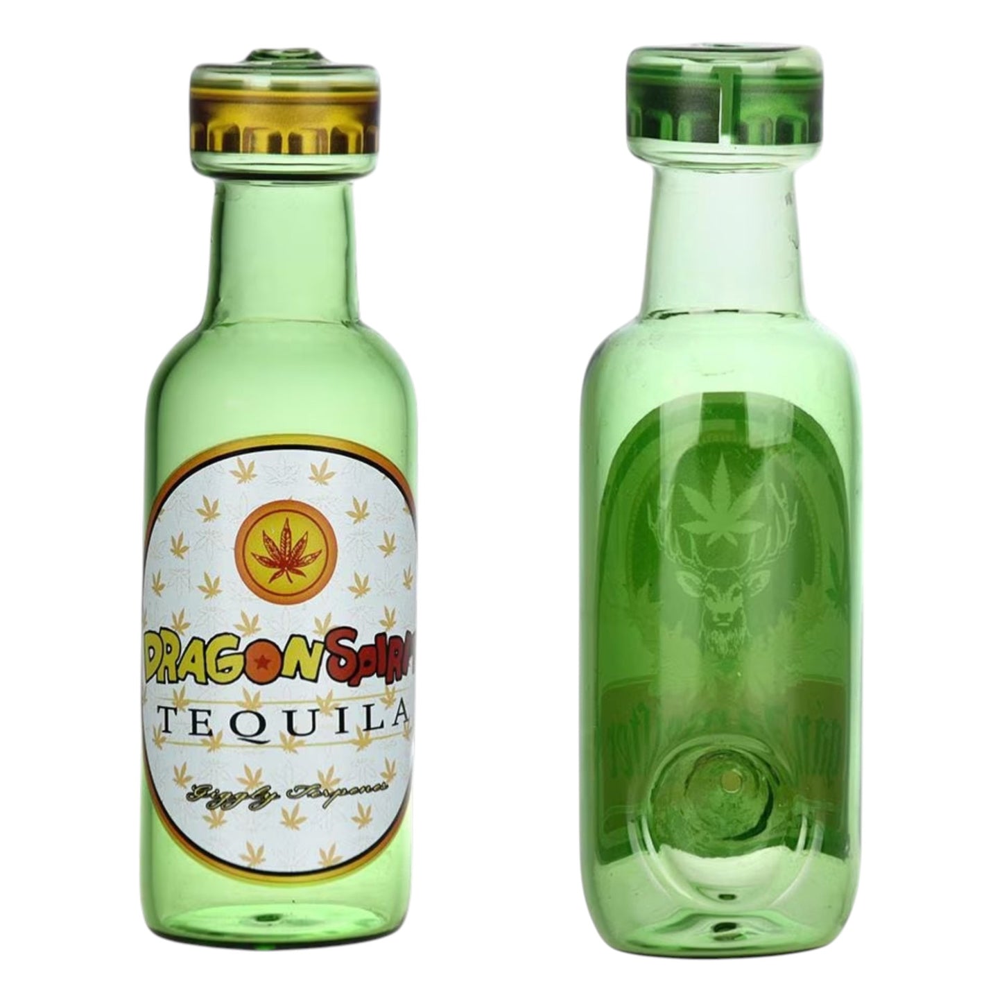 Green tequila bottle hand pipe shown from front and back. The Wee Smoke Shop