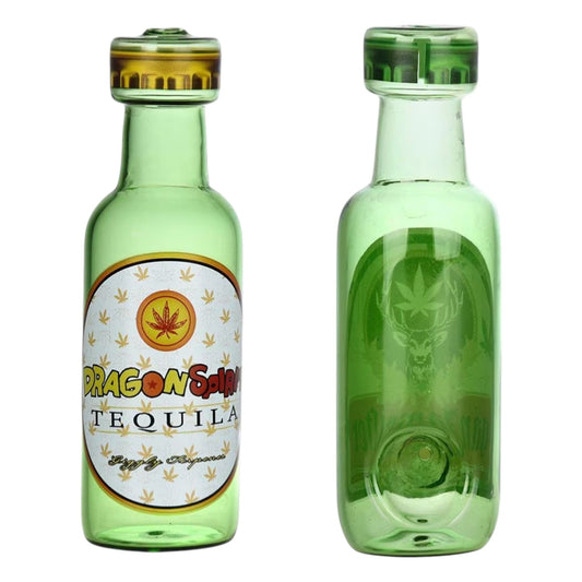 Green tequila bottle hand pipe shown from front and back. The Wee Smoke Shop