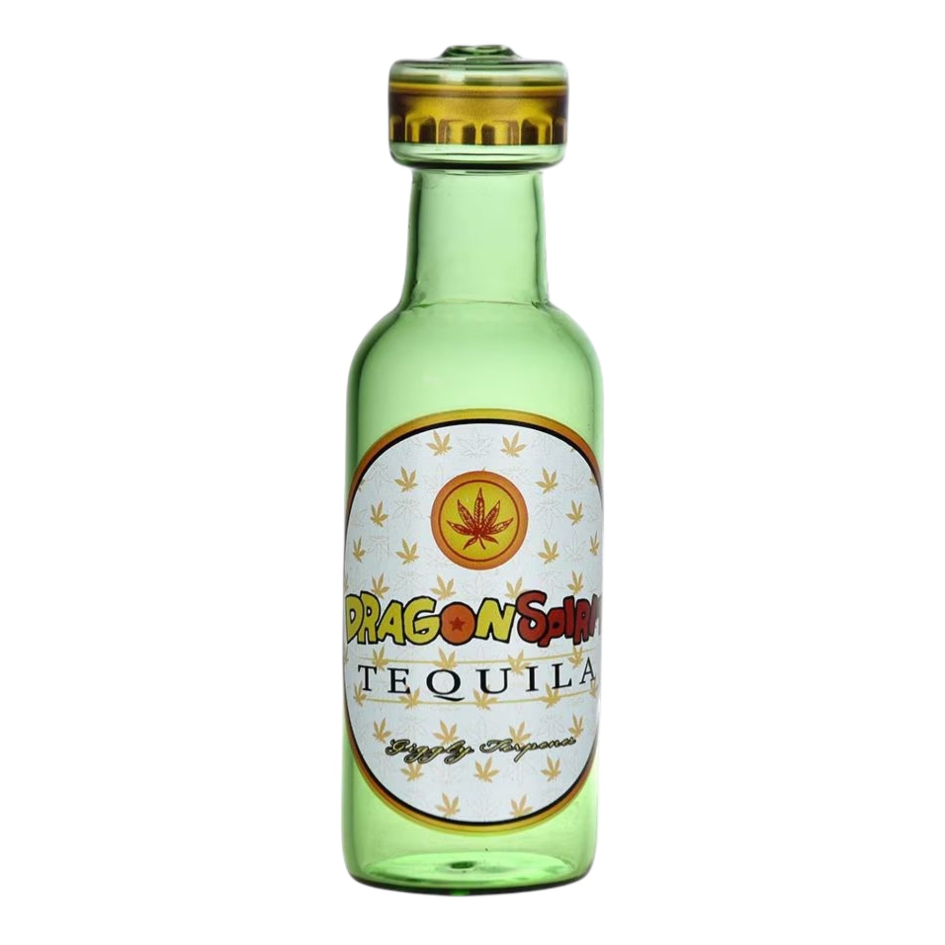 Green tequila bottle hand pipe with front label design. - The Wee Smoke Shop
